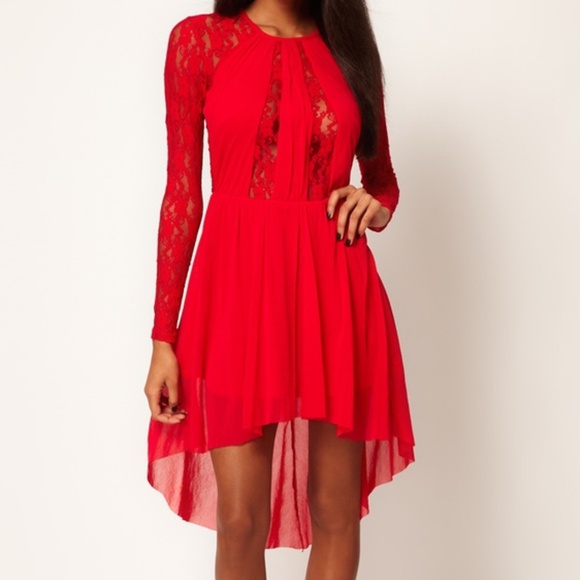 NEW ASOS Lace Insert Skater Dress With High Low Hem - Red / UK 10 US 6 - Picture 3 of 17